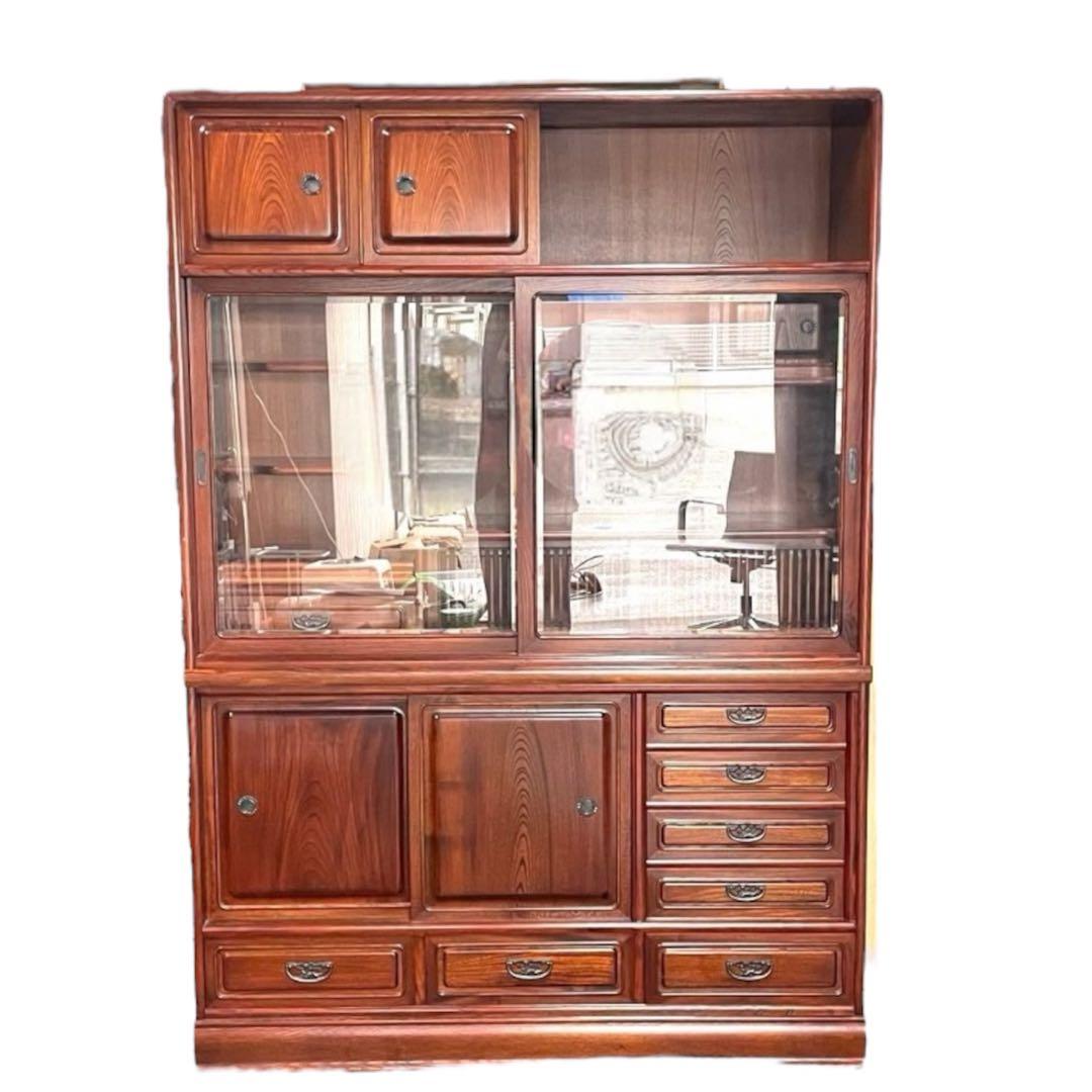和モダン 食器棚 水屋箪笥 アンティーク調 木製収納棚 ガラス戸 引き出し多数