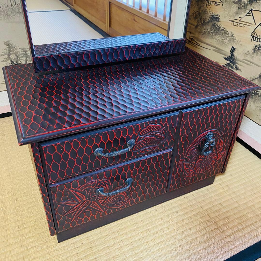 鎌倉彫 伝統工芸品　鏡台 ドレッサー ミラー 化粧台 漆塗り 松竹梅 和家具