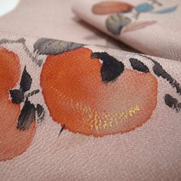 名古屋帯 九寸 手描き ちりめん 縮緬 くすみピンク 柿 絹 中古 kp2272