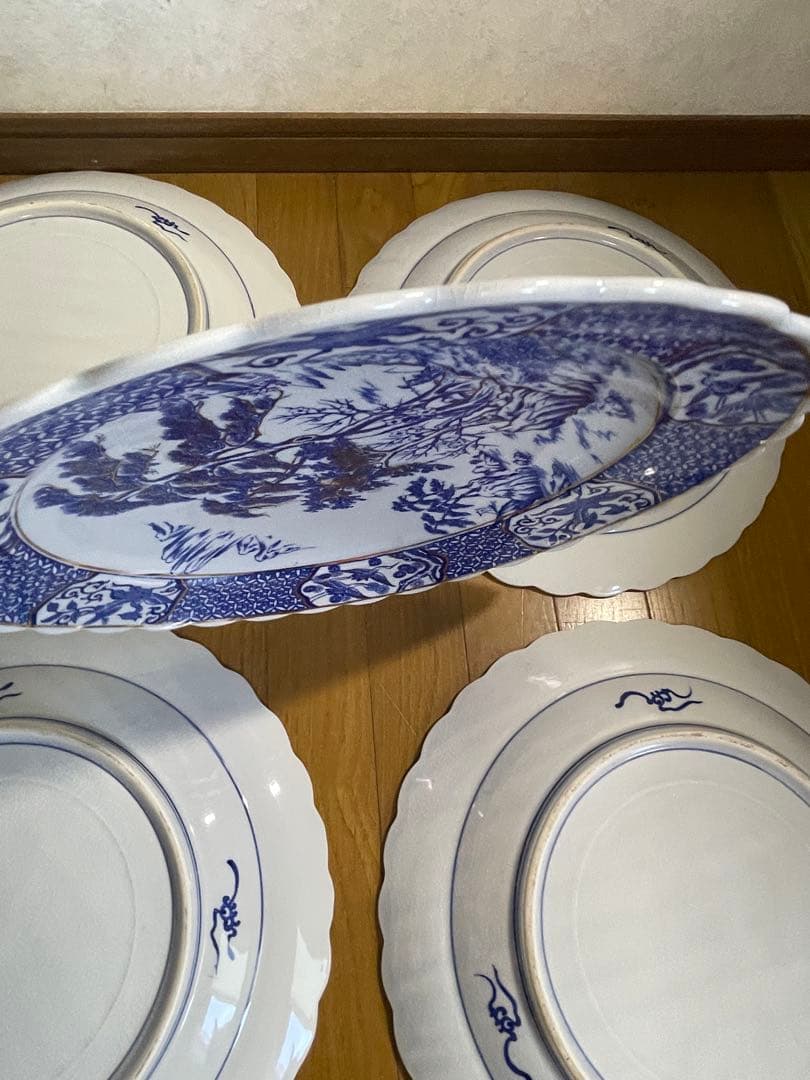 大皿　さわち　飾り皿　約40㎝　松　鳥　青　白　風景　セット　大きい　大きな