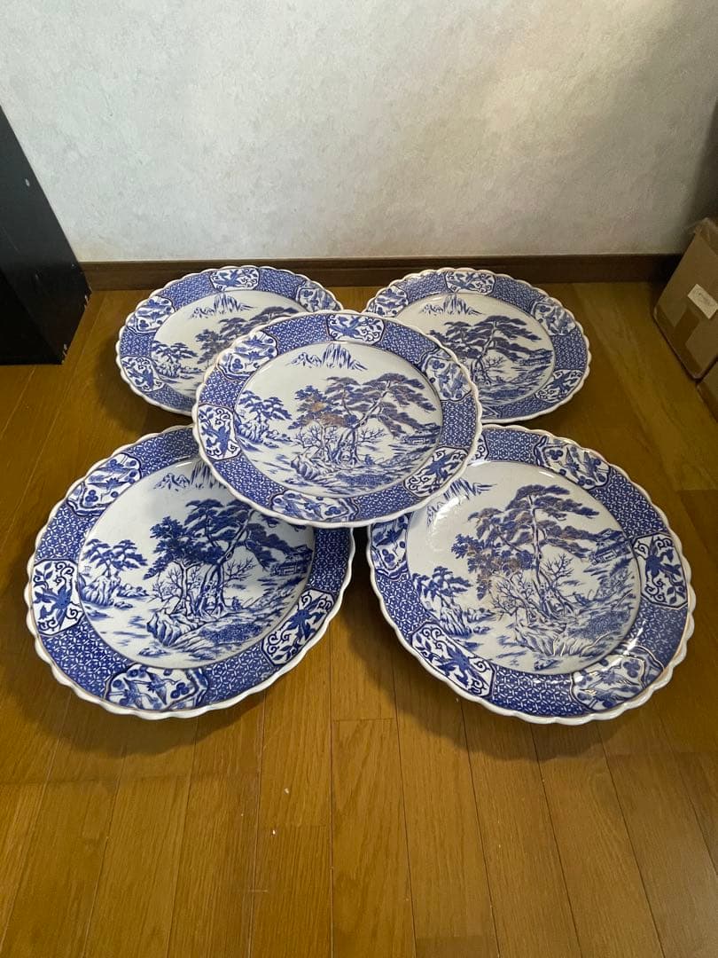 大皿　さわち　飾り皿　約40㎝　松　鳥　青　白　風景　セット　大きい　大きな