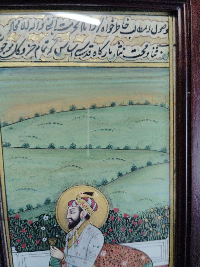 インド細密画 手描き 王侯像 紫檀系ローズウッド 無垢材 文庫箱　ムスリム美術