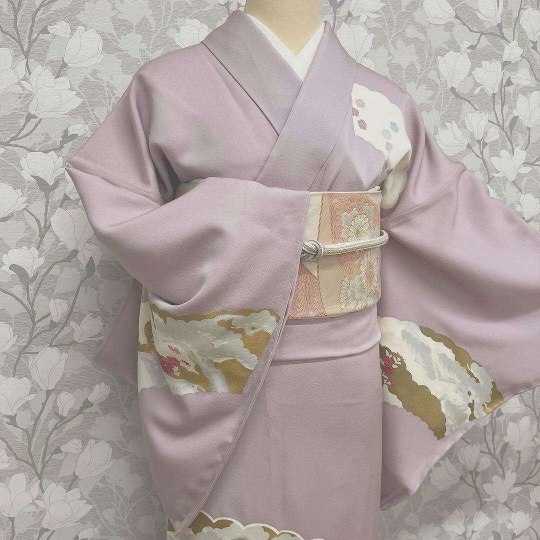 正絹 訪問着 扇面重文(未使用品)袋帯セット【裄69cm】