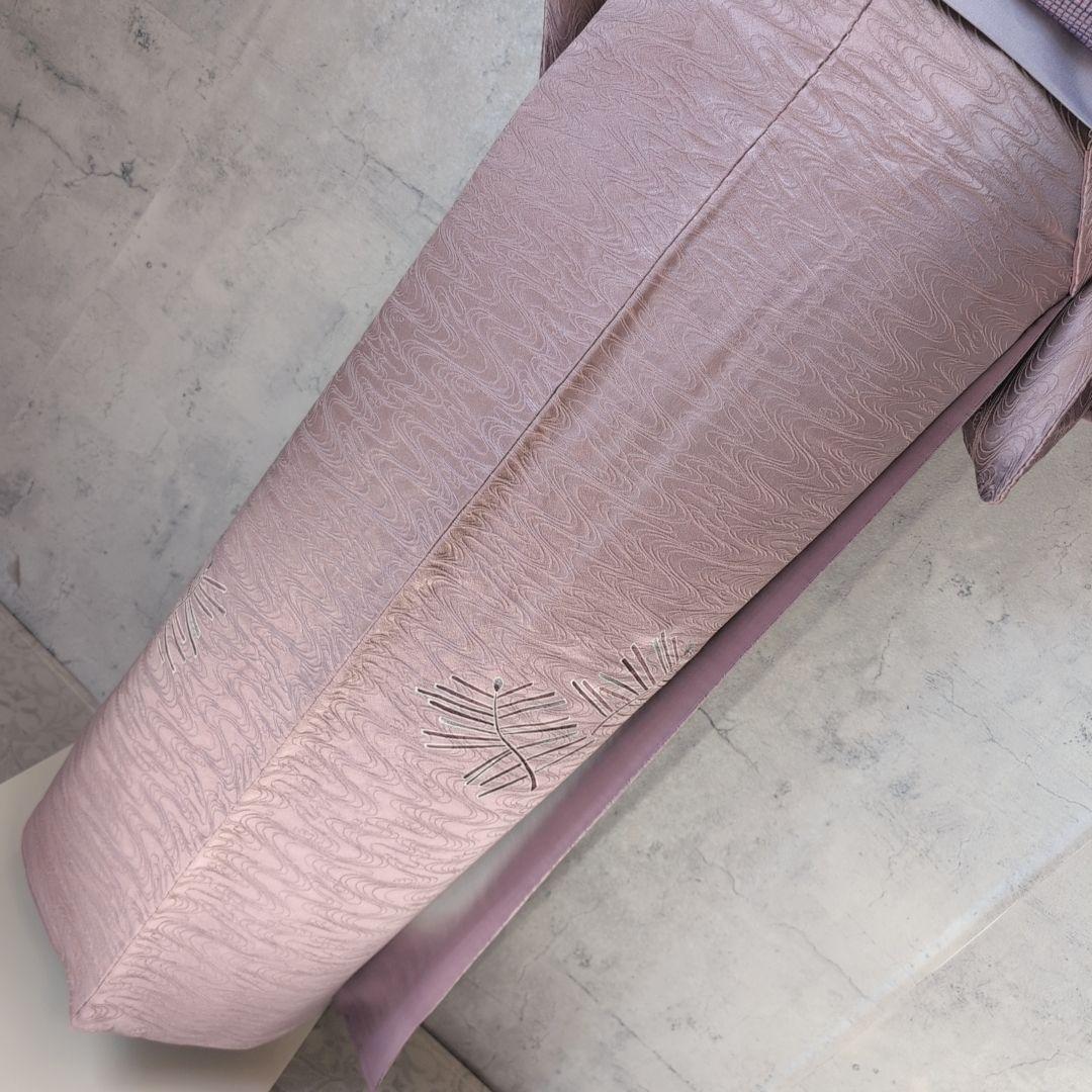 訪問着　フルセット　付け下げ　着物　正絹　紫　地紋豪華　波　帯草木染羅峰錦　B2