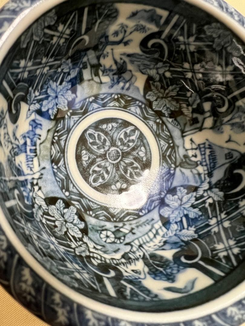 英祥窯祥瑞花鳥文＆龍峰窯山水花草人物＆洋風機関車文＆玄昌窯山水文　染付皿小鉢4個