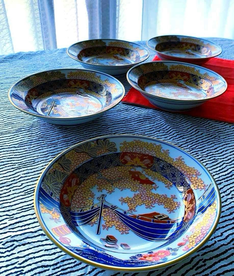 有田焼　伝統工芸士　緒方松右衛門作　金彩深皿5客未使用美品16×3.8大幅値下げ