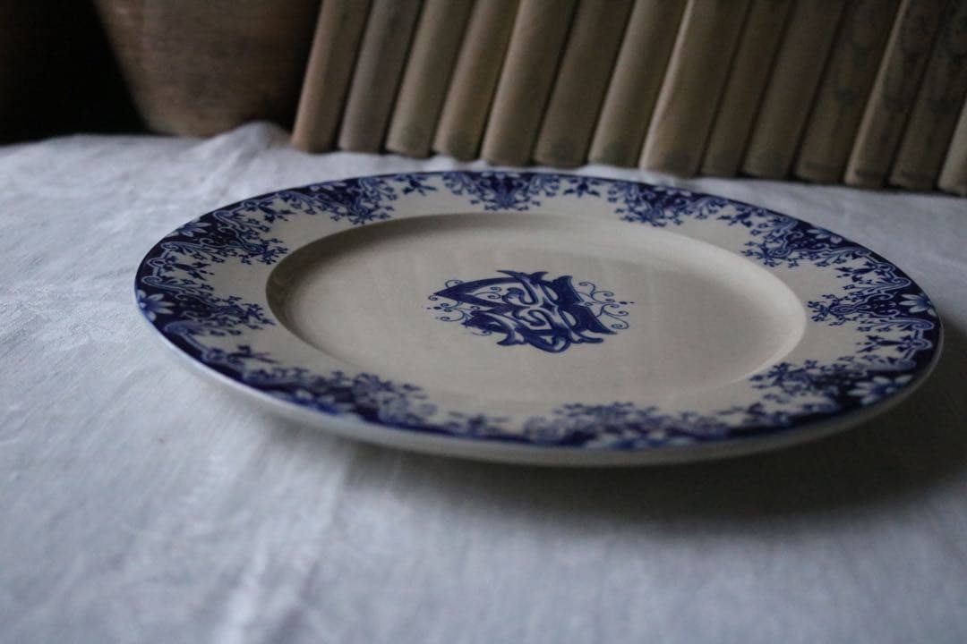 フランス　アンティーク　モノグラム　プレート　藍色　Bordeaux ルーアン