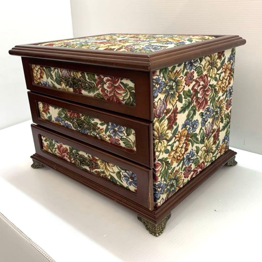 アンティーク調 ゴブラン織 ジュエリーボックス メイクボックス 鏡 木製