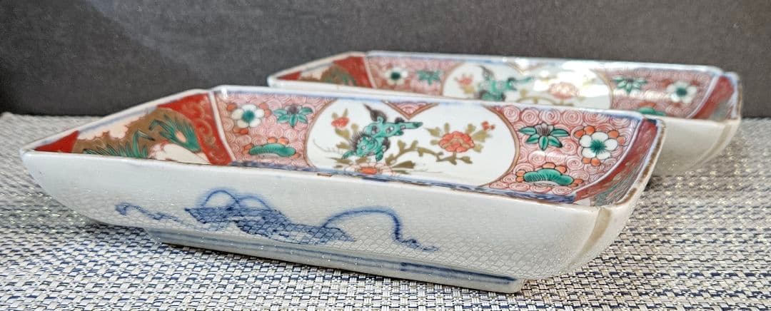 江戸時代末期　古伊万里　錦手　松竹梅に 獅子に菖蒲に鷺図　19.5cm長皿2客③