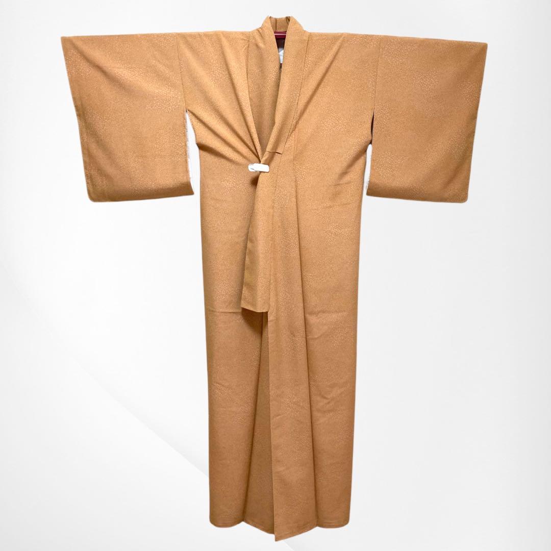 【美品✨】東レシルック　洗える着物　江戸小紋　寄せ小紋　くすみの橙　手縫い　E4