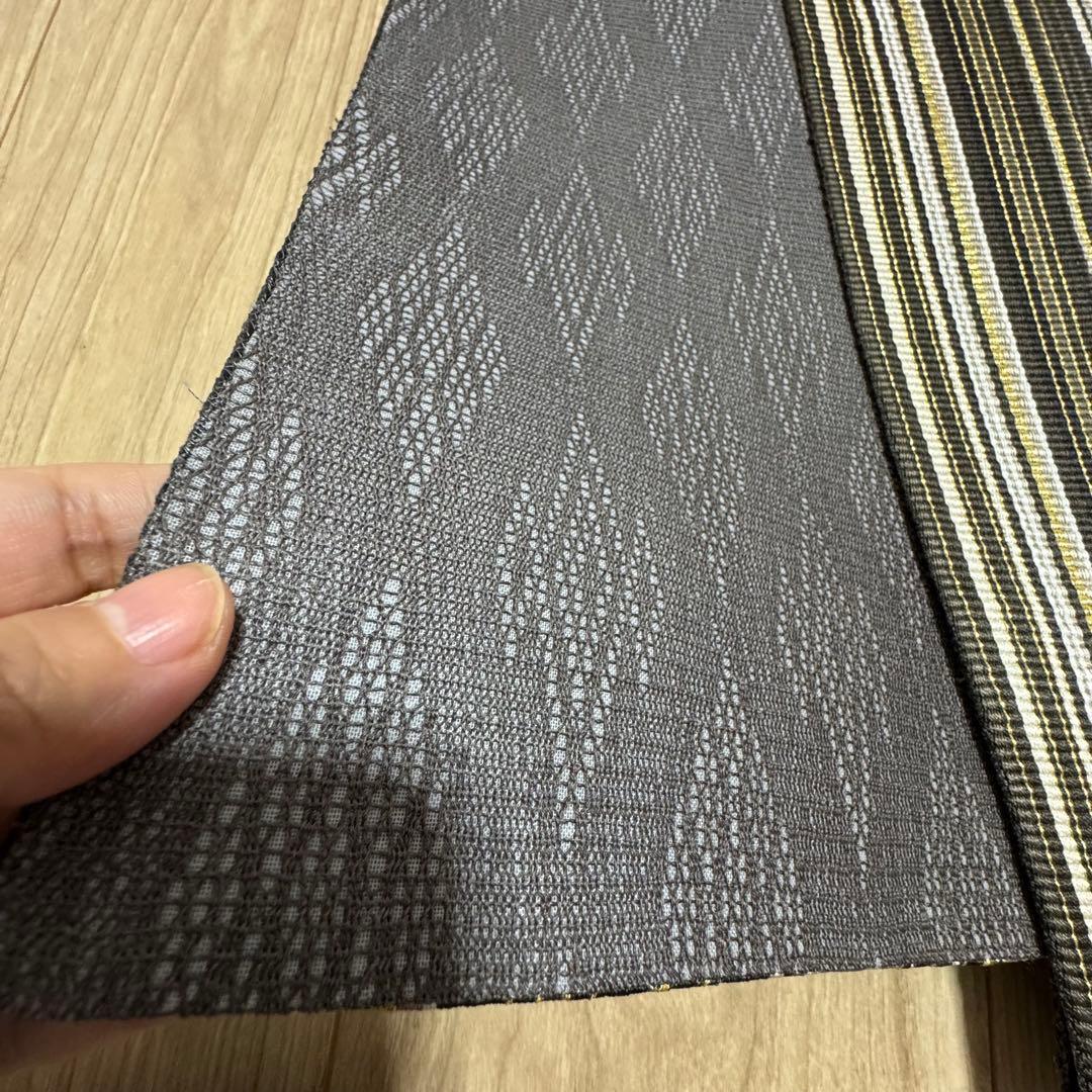 未使用品　正絹　全通　袋帯　着物　448 ひなや　グレー　黒　白　金　組紐