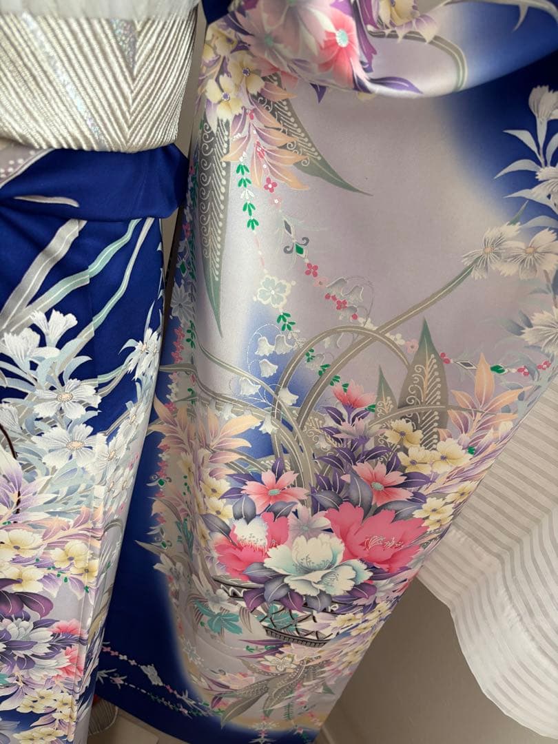 美品　豪華振袖フルセット　薔薇　ブルー　青色　パール帯締め付き　成人式