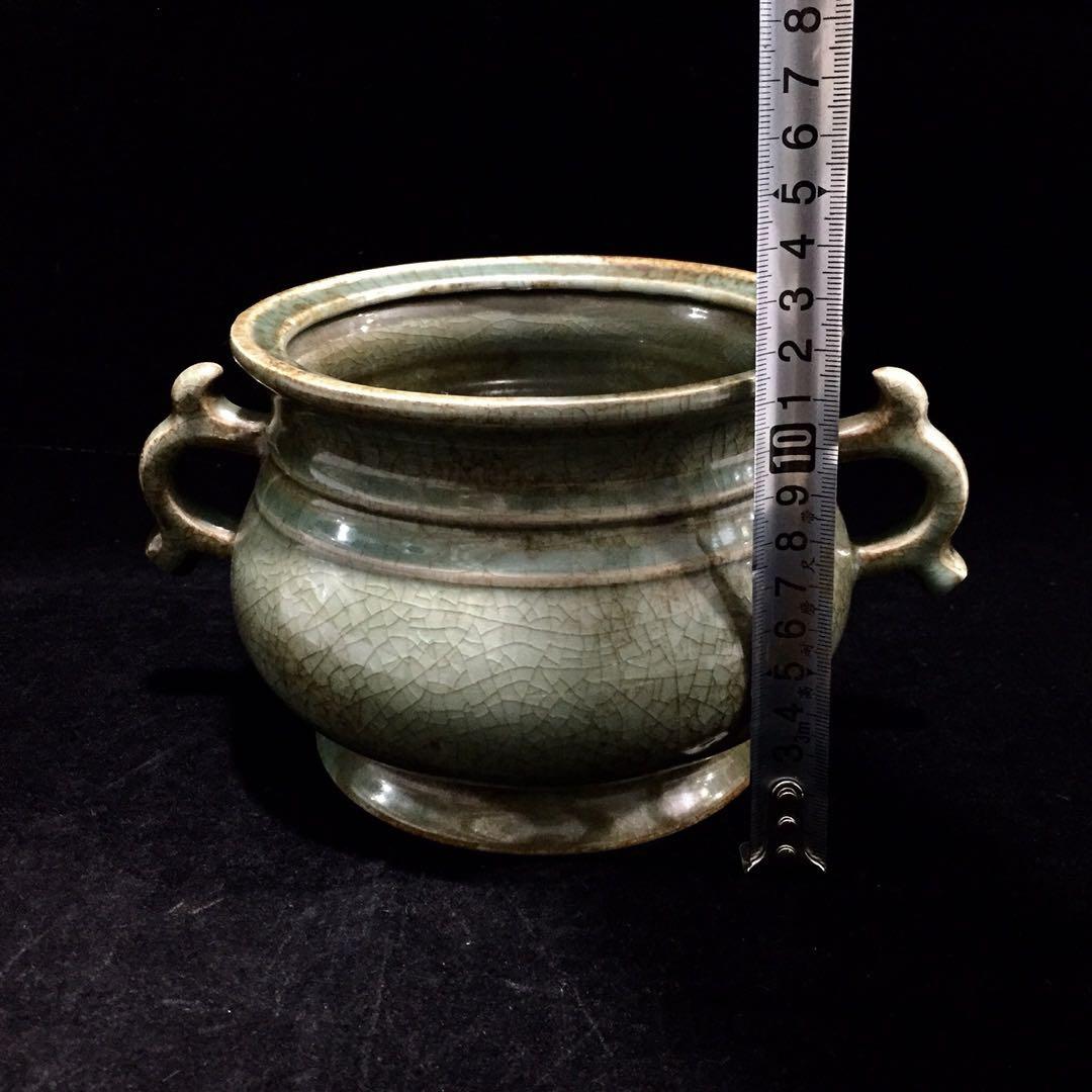 文房具　雙耳香爐 宋時代　汝窯 陶器　冰裂纹 貫入