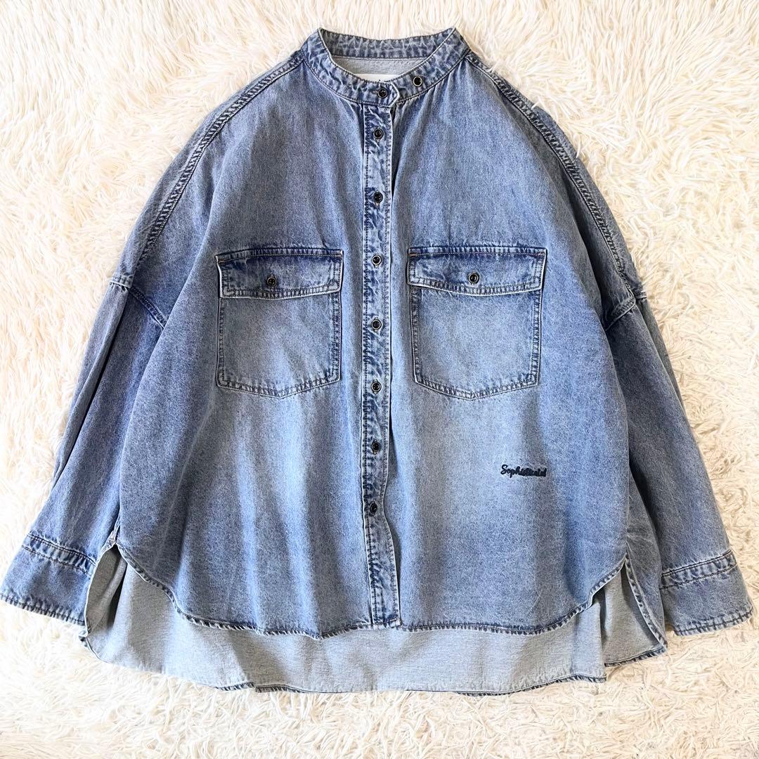 PUAL CE CIN ヴィンテージライクデニムバンドカラーシャツ　ゆったり