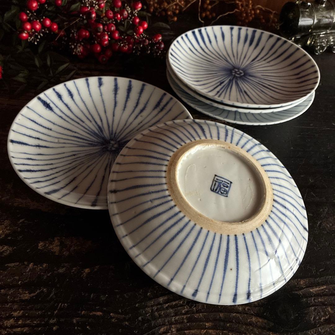 骨董　古伊万里　九谷　染付　松笠　麦藁手　角福　平皿　膾皿　５客限り