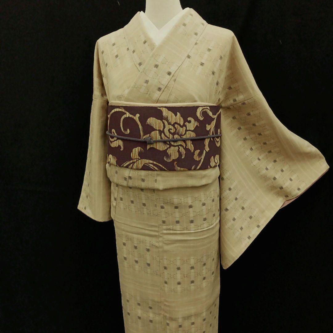 結城縮(袷)　(奥順(株)　はたおり娘　未使用　やまと誂製　ガード加工　榛色系)