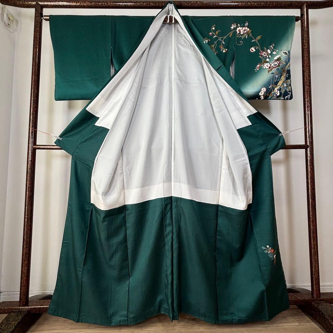 超美品　訪問着　正絹　現代　着物　青緑　紺　青　黄色　光沢　165裄68