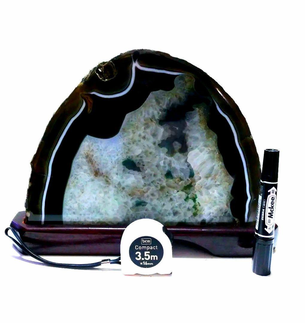 天然石の置物 半円形 木製台座付き