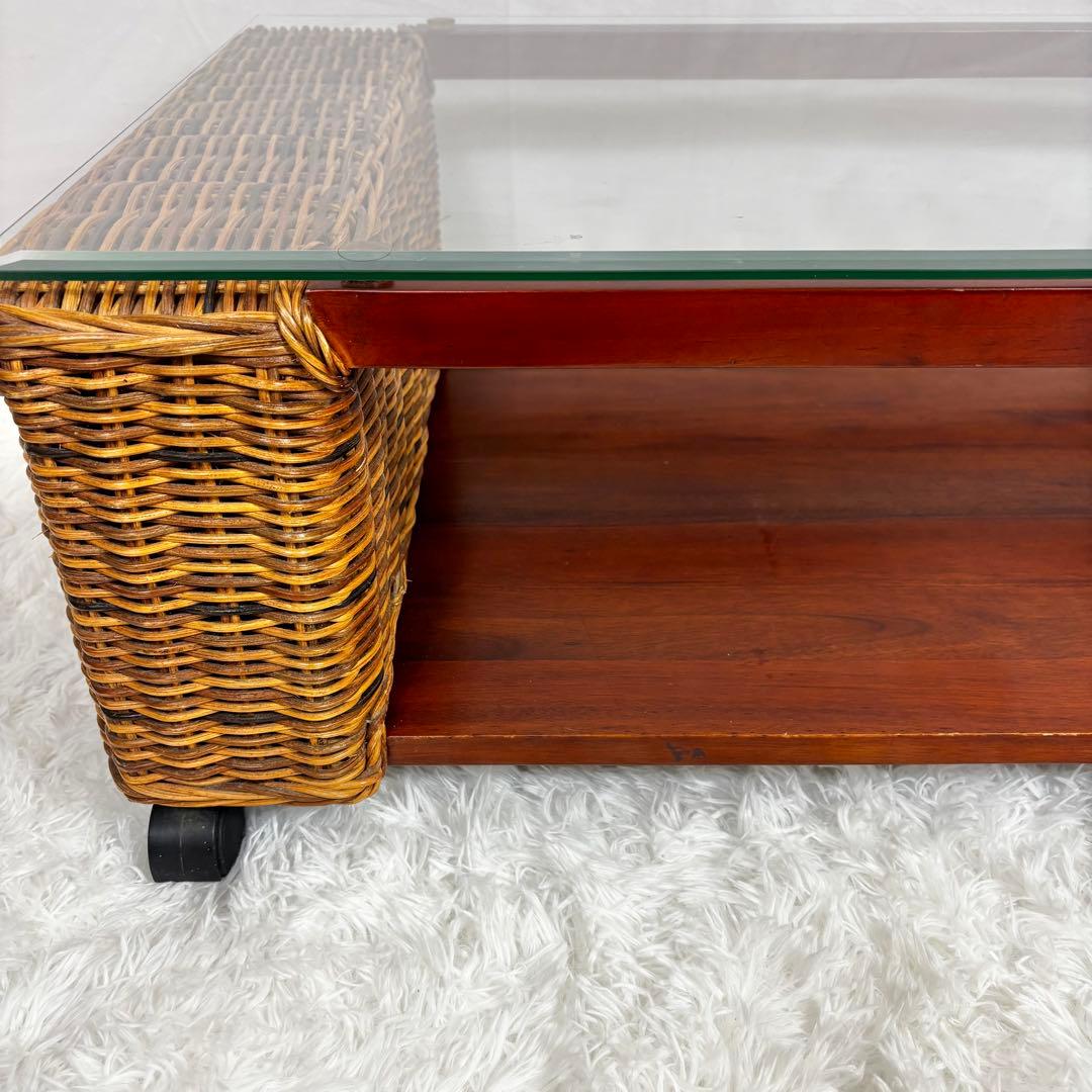 ニッセン レトロ エスニック ラタンテーブル ガラス天板 座卓 センターテーブル