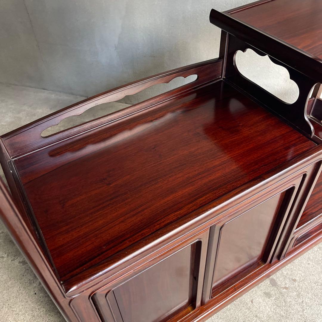 唐木指物 縞黒檀 総無垢 茶棚 煎茶棚 違い棚 飾り棚 和モダン H83cm