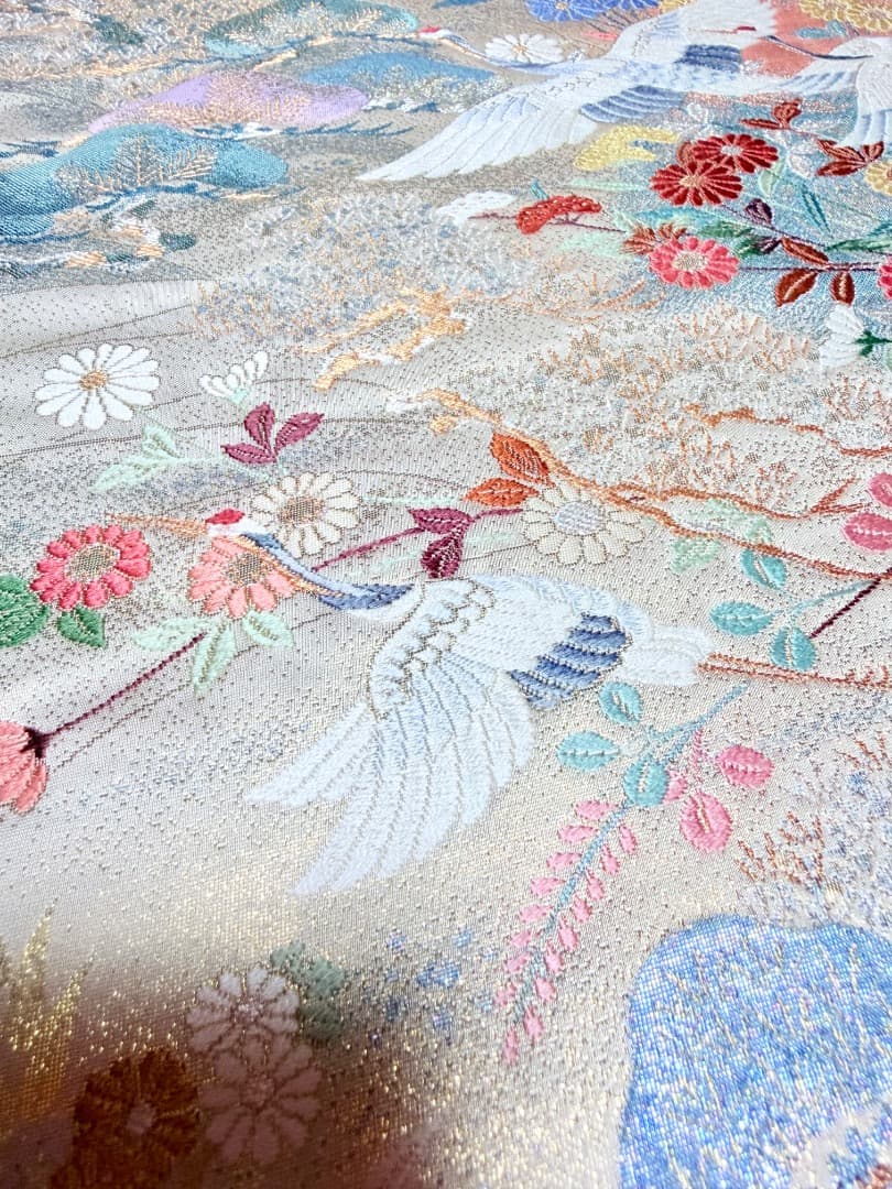 高級 袋帯 正絹 六通柄 九百錦 シャンパンゴールド 唐織 丹頂鶴 訪問着