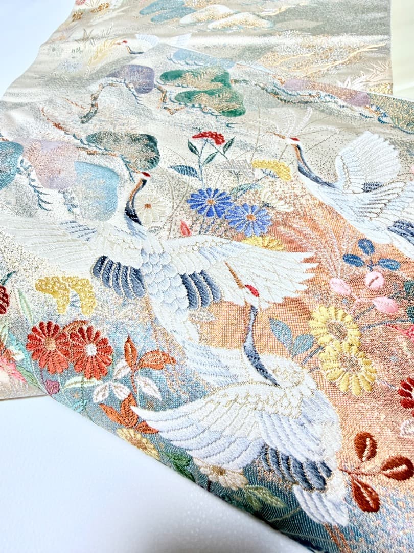 高級 袋帯 正絹 六通柄 九百錦 シャンパンゴールド 唐織 丹頂鶴 訪問着