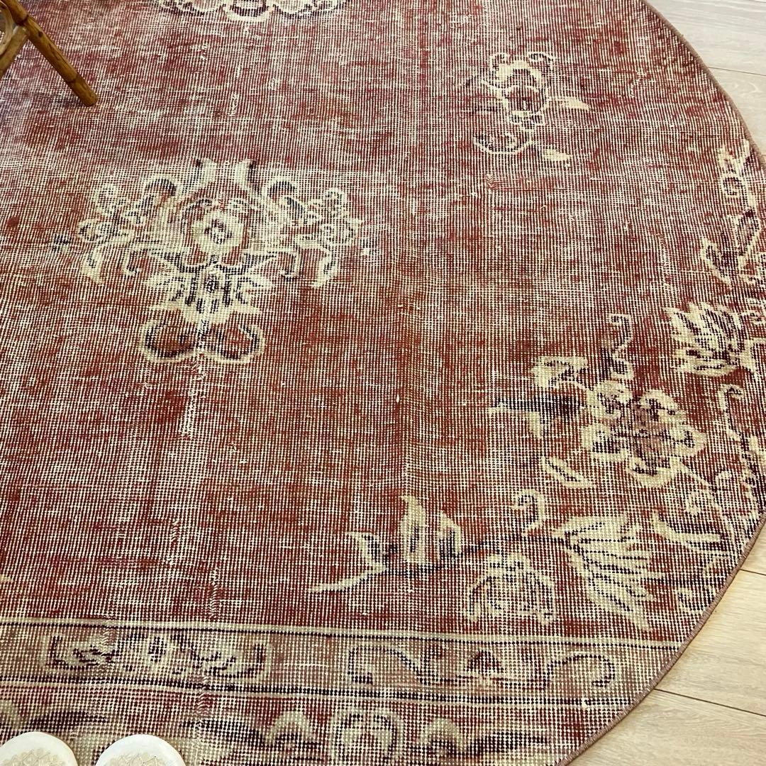 超大判145×145 ／ラウンド／レッドシャビー　トルコヴィンテージラグ