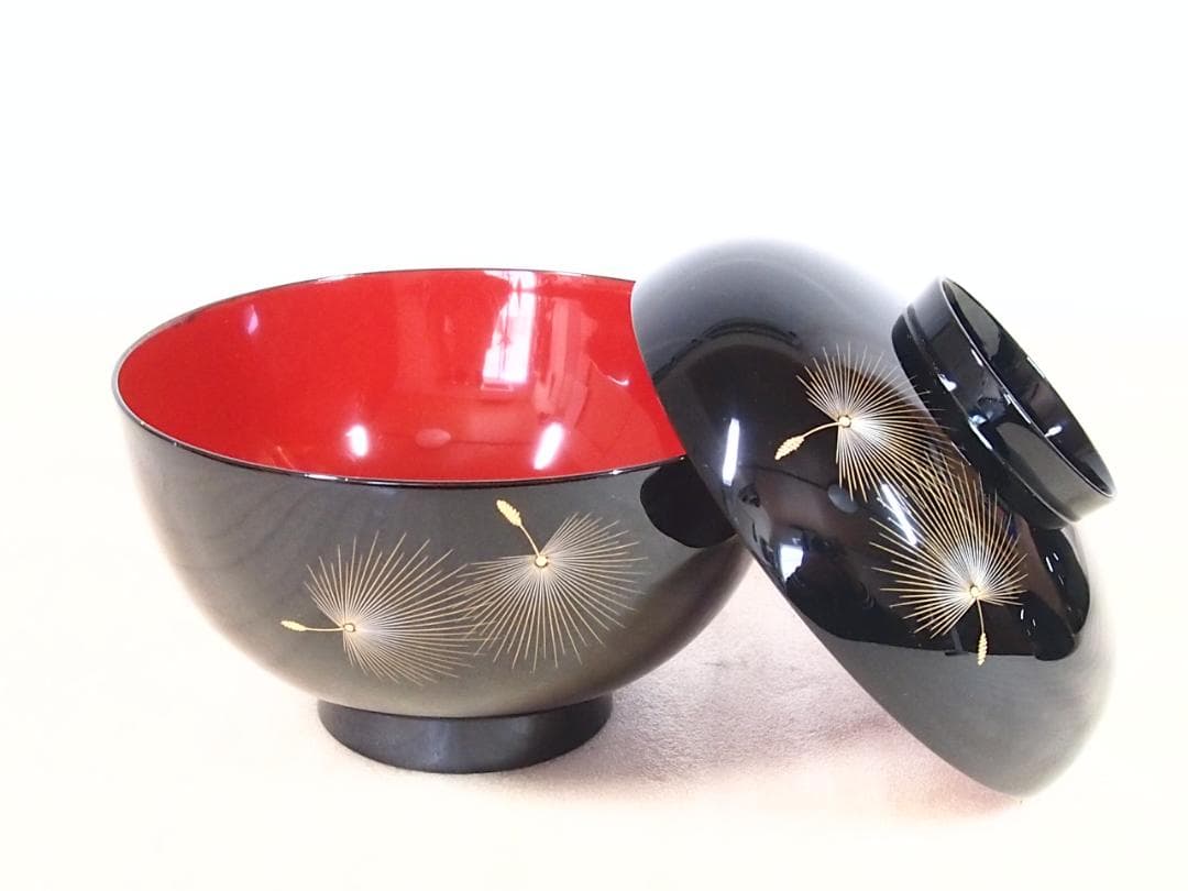 【未使用】輪島塗 元岡光漆堂 飛花沈金 雑煮椀 5客 煮物椀/大椀 食器/漆器