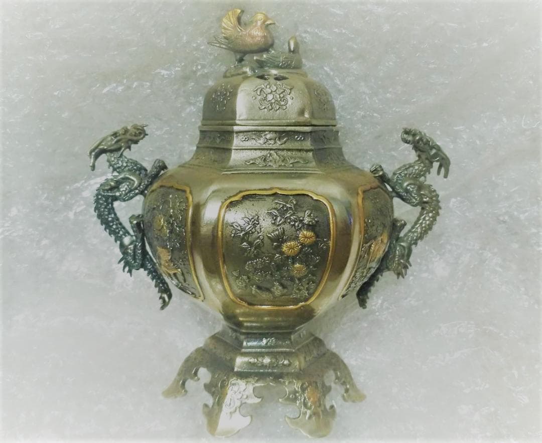 新品 香炉 一乗 銘 桐箱付き 銅錫製? 双竜 龍 伝統金属工芸品 風水 レア