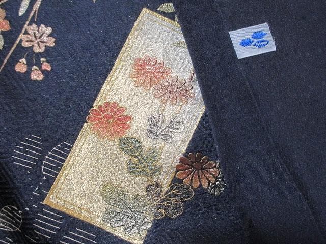 訪問着：美品：花短冊と枝垂れ桜と萩：紺色 袷着物：P43