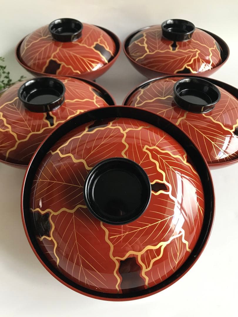 輪島塗　木製 柏葉尽蒔絵　縁起　大椀　5客