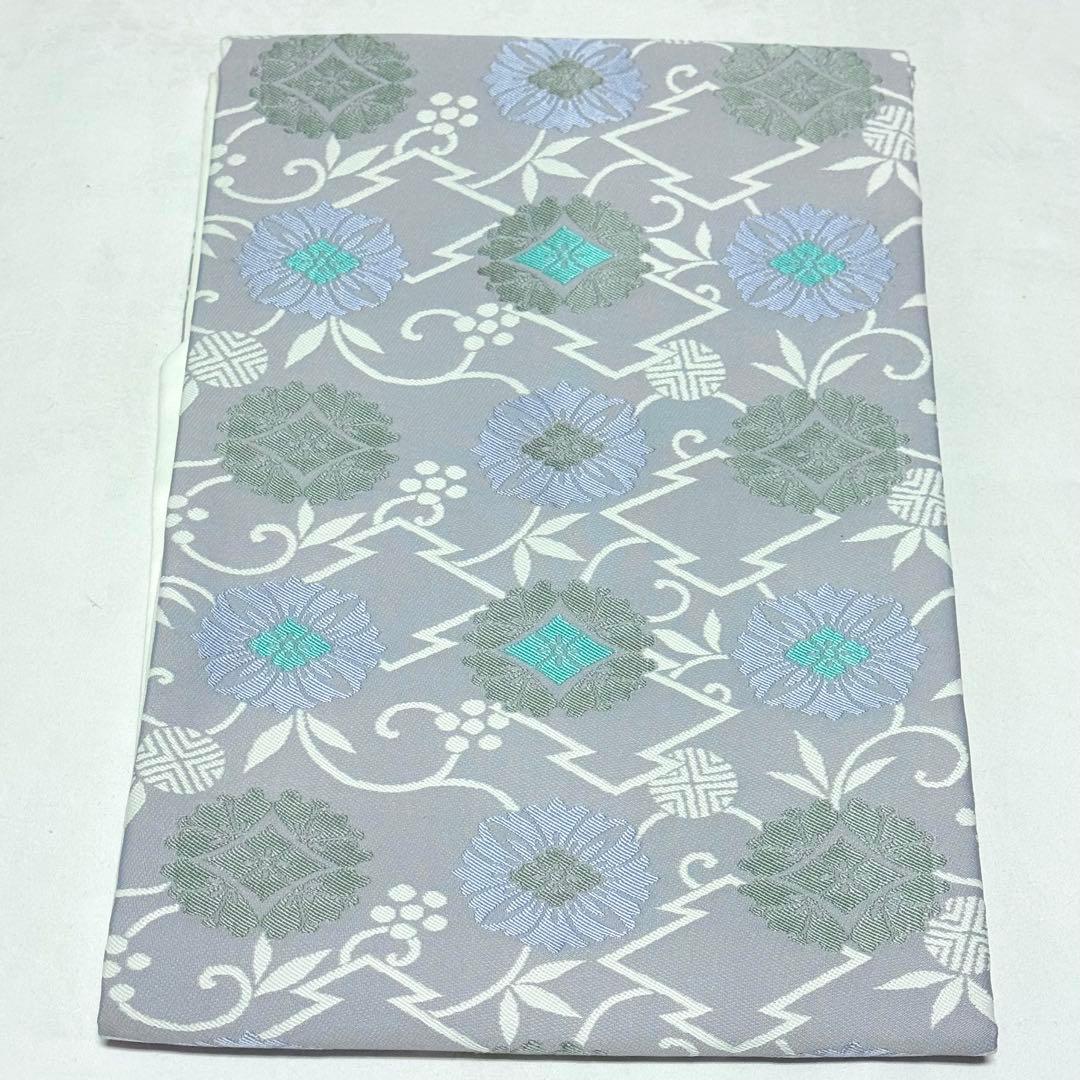 【名古屋帯】　青藤色　松皮菱　花菱　刺繍　笹蔓　正絹 爽やか　シック　お上品　K