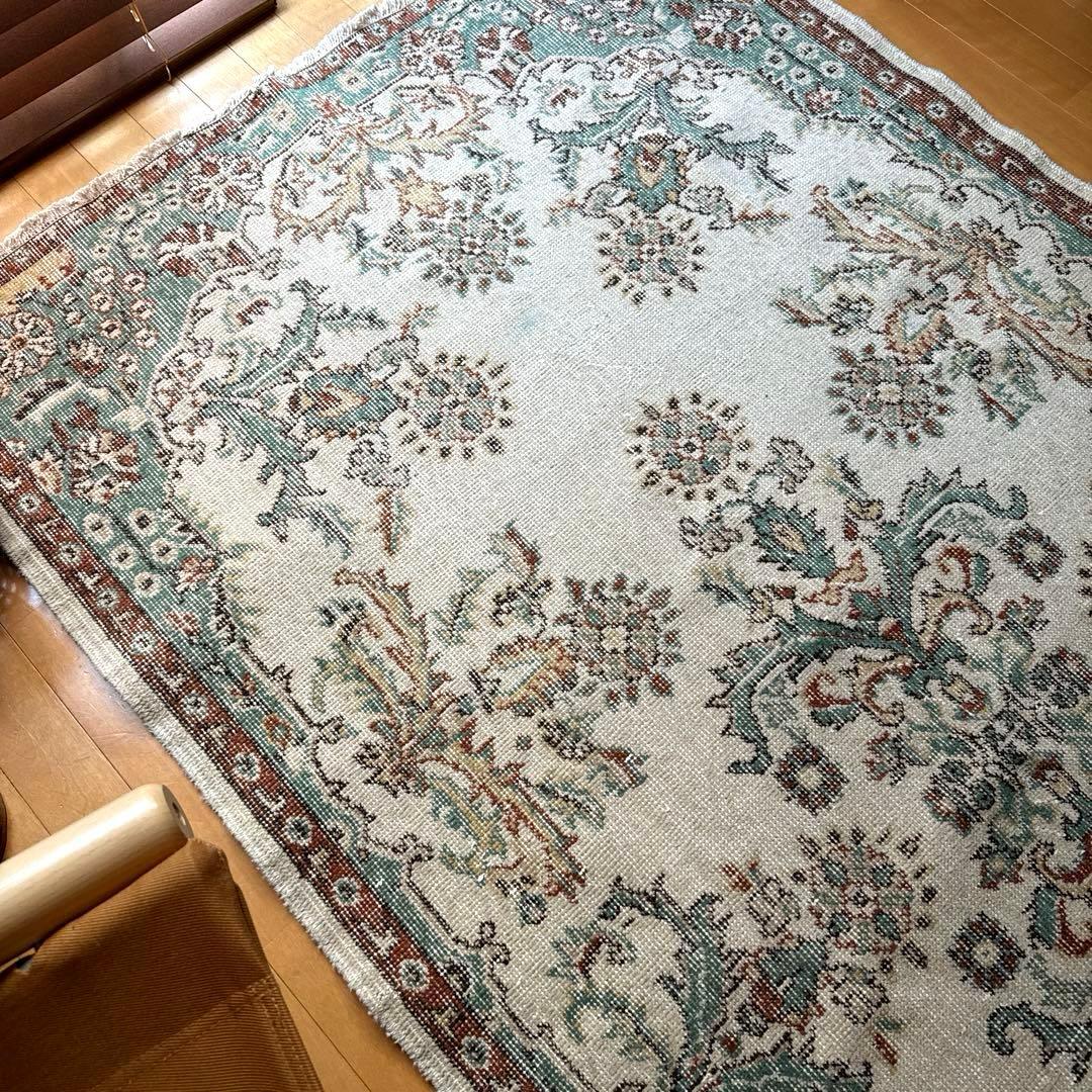 117×214 エメラルドグリーン　メダリオンボタニカル　トルコヴィンテージラグ