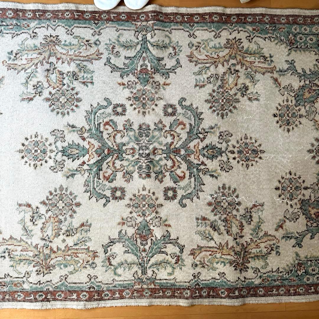 117×214 エメラルドグリーン　メダリオンボタニカル　トルコヴィンテージラグ