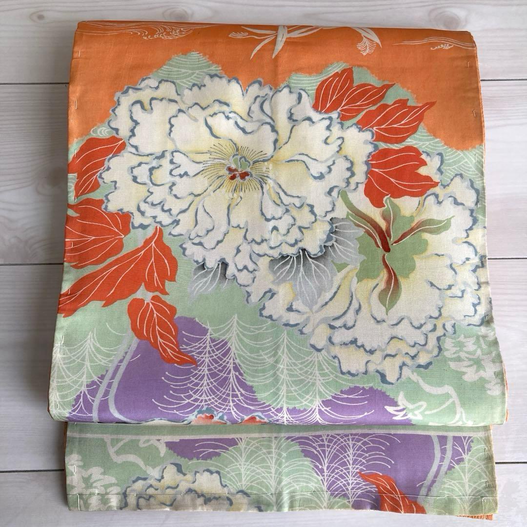 アンティーク京袋帯　しつけ糸付　刺繍の花模様　正絹　大正ロマン　N2-26