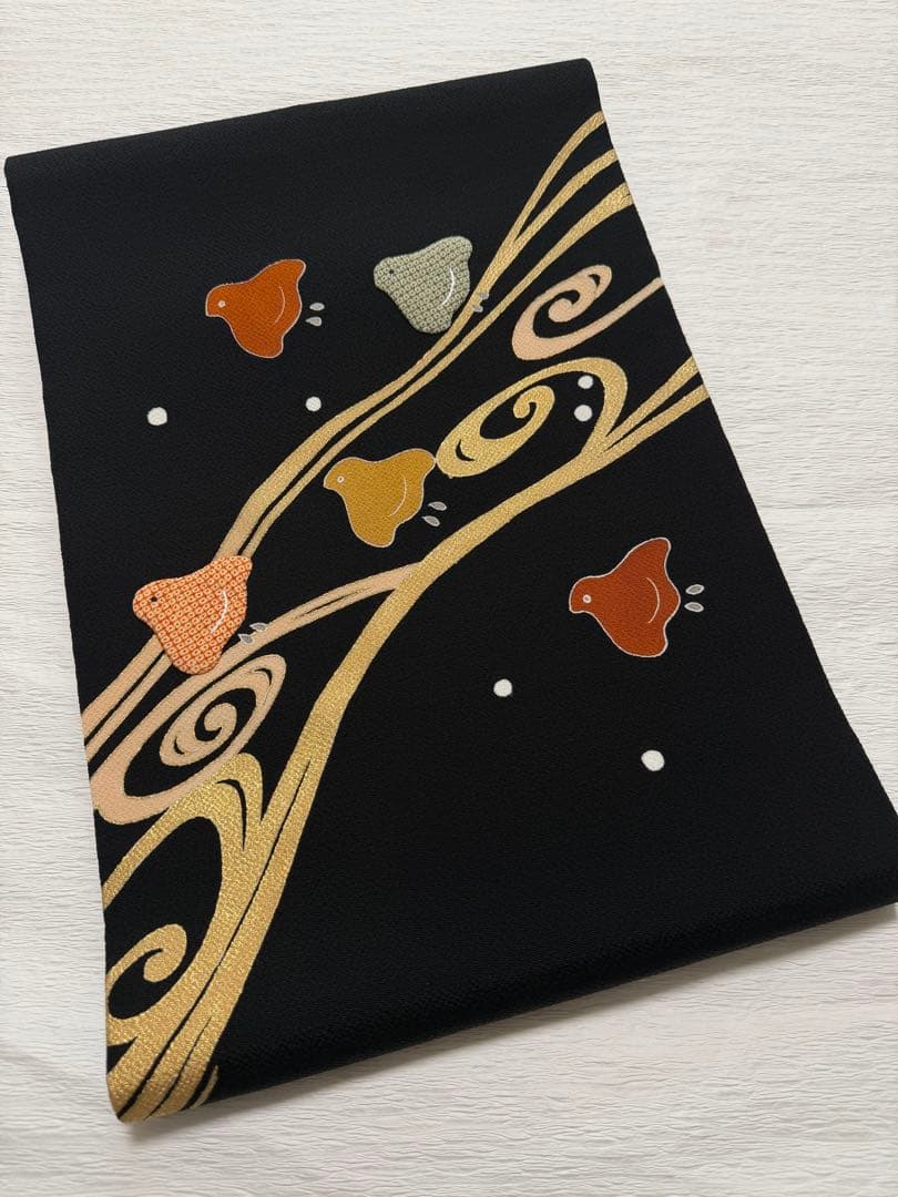 m118 ホリヒロシ 千鳥 流水　名古屋帯 縮緬 名古屋帯 正絹 黒地