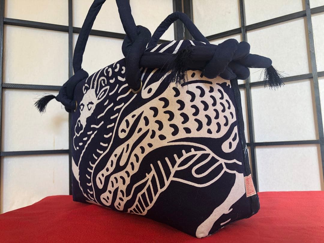 一閑張り　一閑張りバック　藍染 　麒麟麦酒　型染隠れ蓑