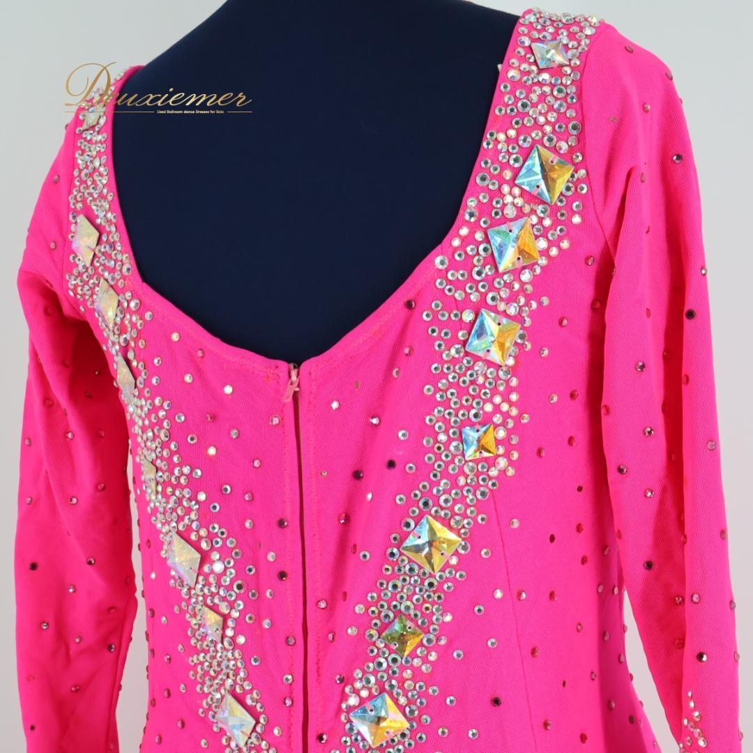【社交ダンス衣装】ピンク ラテン ドレス ワンピース 蛍光 レース ビーズ デモ