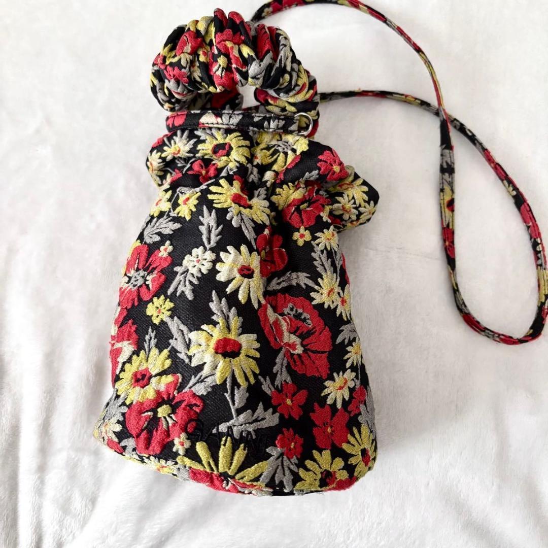 GANNI ボタニカル 巾着ショルダーバッグ　ブラック　刺繍　黒 ジャガード