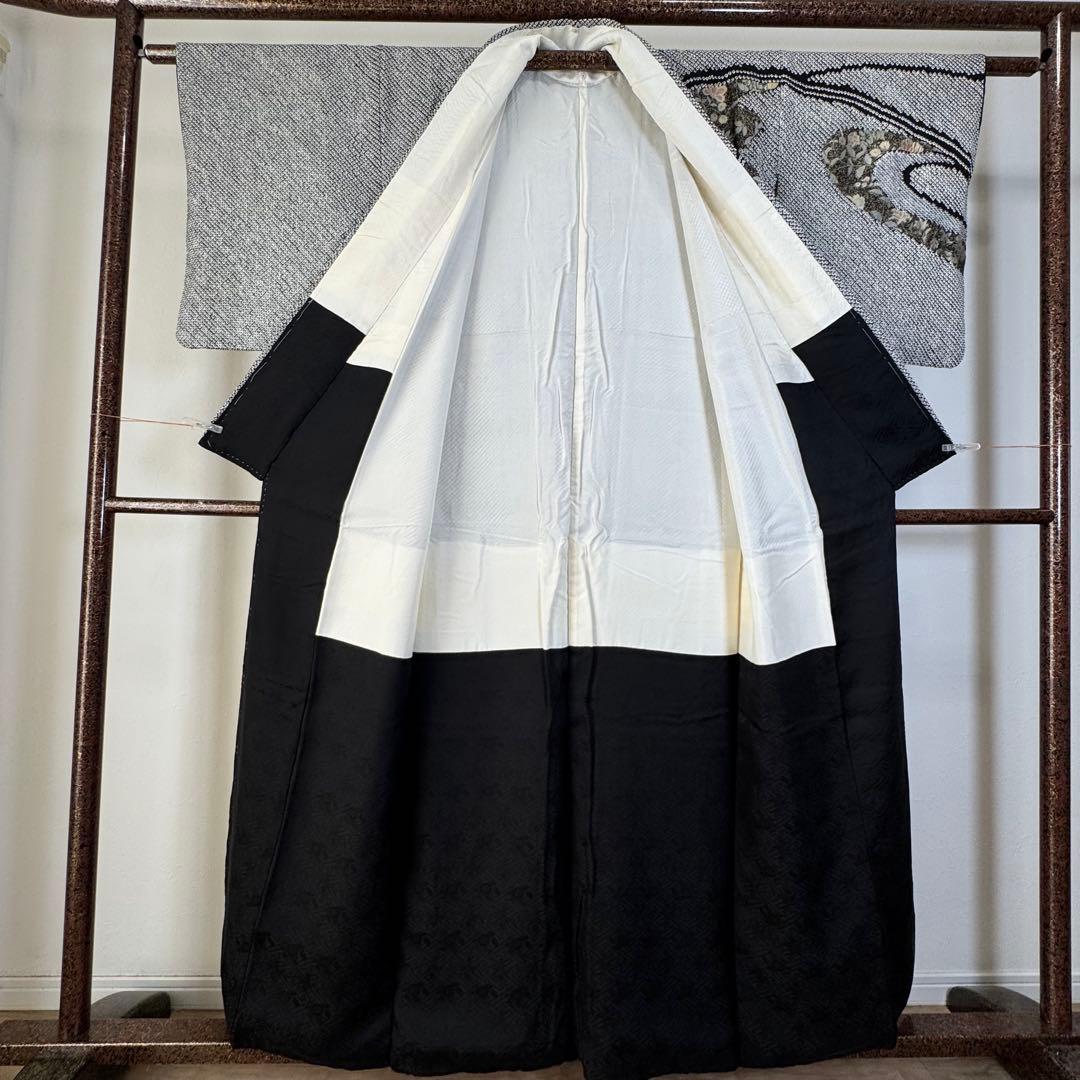 超美品　正絹　袷　訪問着　着物　黒　金　総絞り　刺繍　161裄65 花柄　川