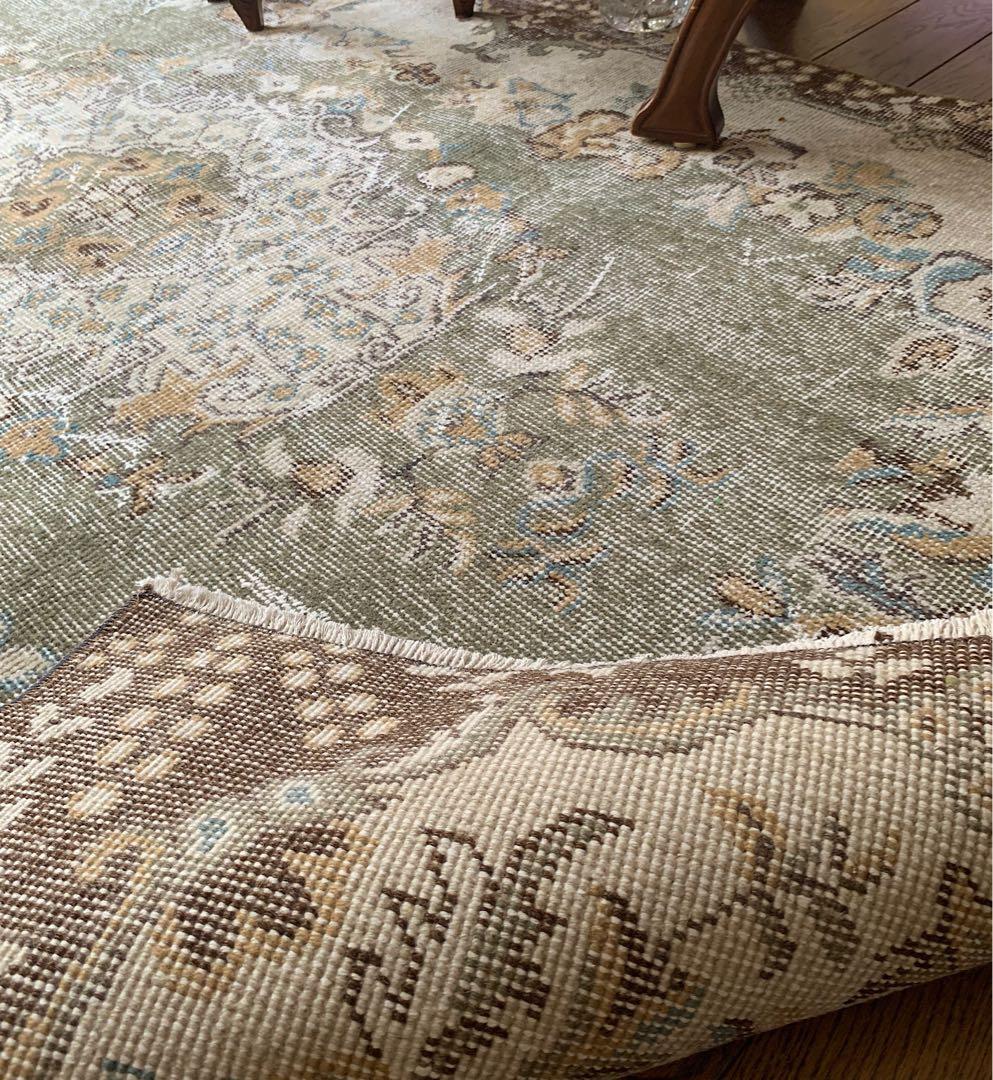 トルコヴィンテージラグ　超レア　スモーキーグリーン　193×116 ボタニカル