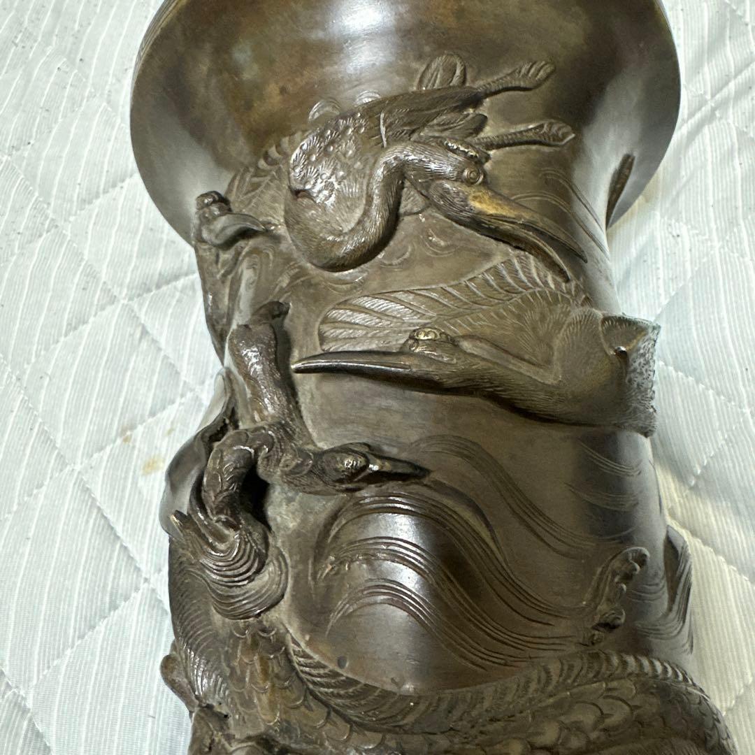 時代物 中国 日本 銅器 龍の置物 鶴亀 薄端 花器 金属工芸 花瓶 龍花瓶