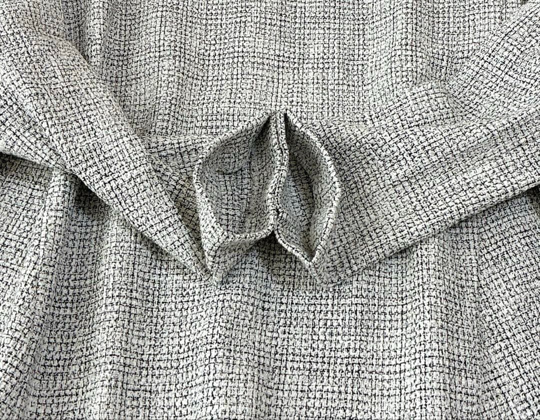 タグ付未使用 ミックスツイード バックペプラムブラウス Aラインホワイトブラック