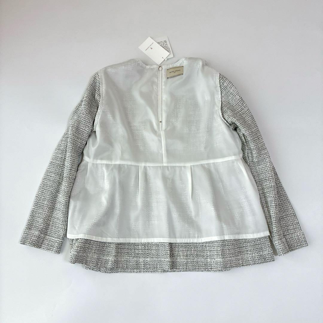 タグ付未使用 ミックスツイード バックペプラムブラウス Aラインホワイトブラック