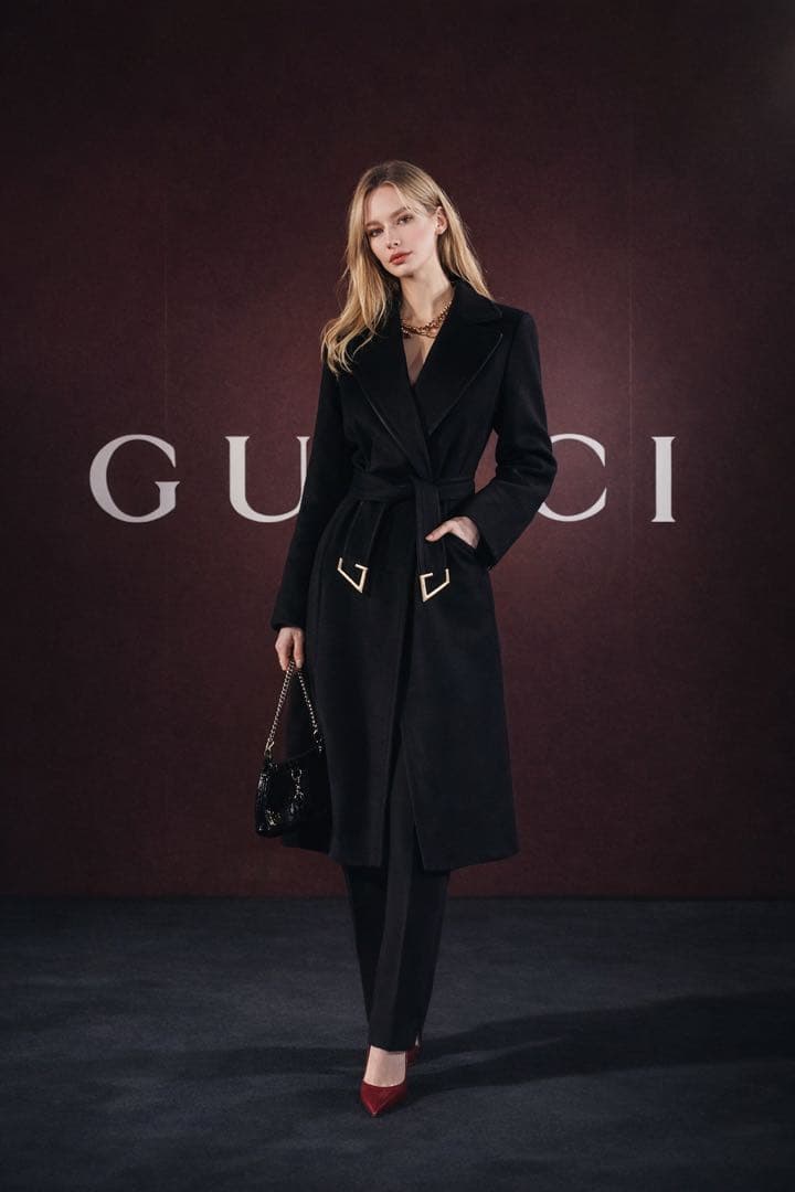 良品　GUCCI グッチ　女優襟　ラップ　コート レザートリミング ベルト付