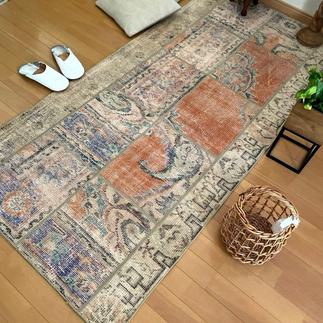 91×191優しいオレンジカラー　パッチワーク　トルコヴィンテージラグ