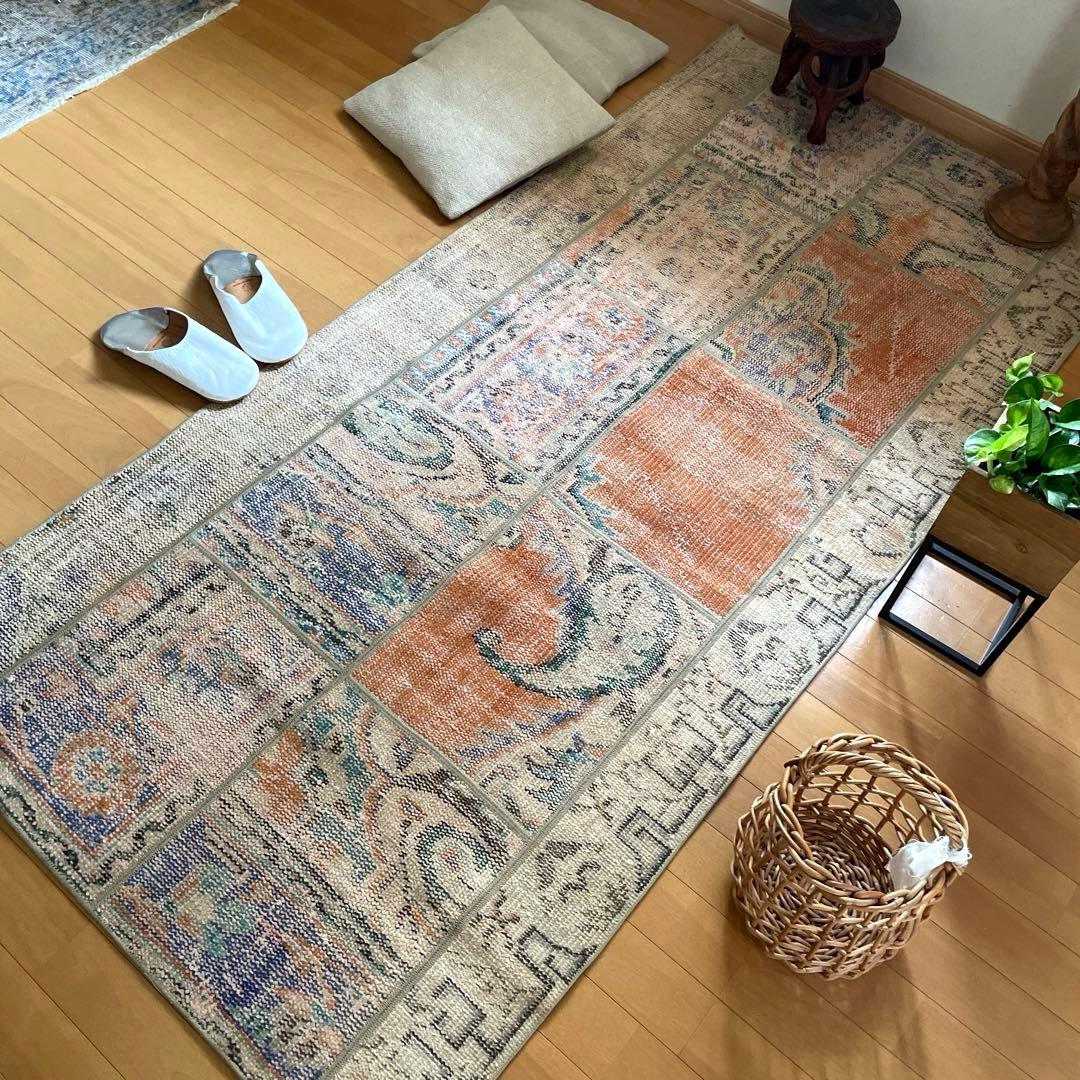 91×191優しいオレンジカラー　パッチワーク　トルコヴィンテージラグ