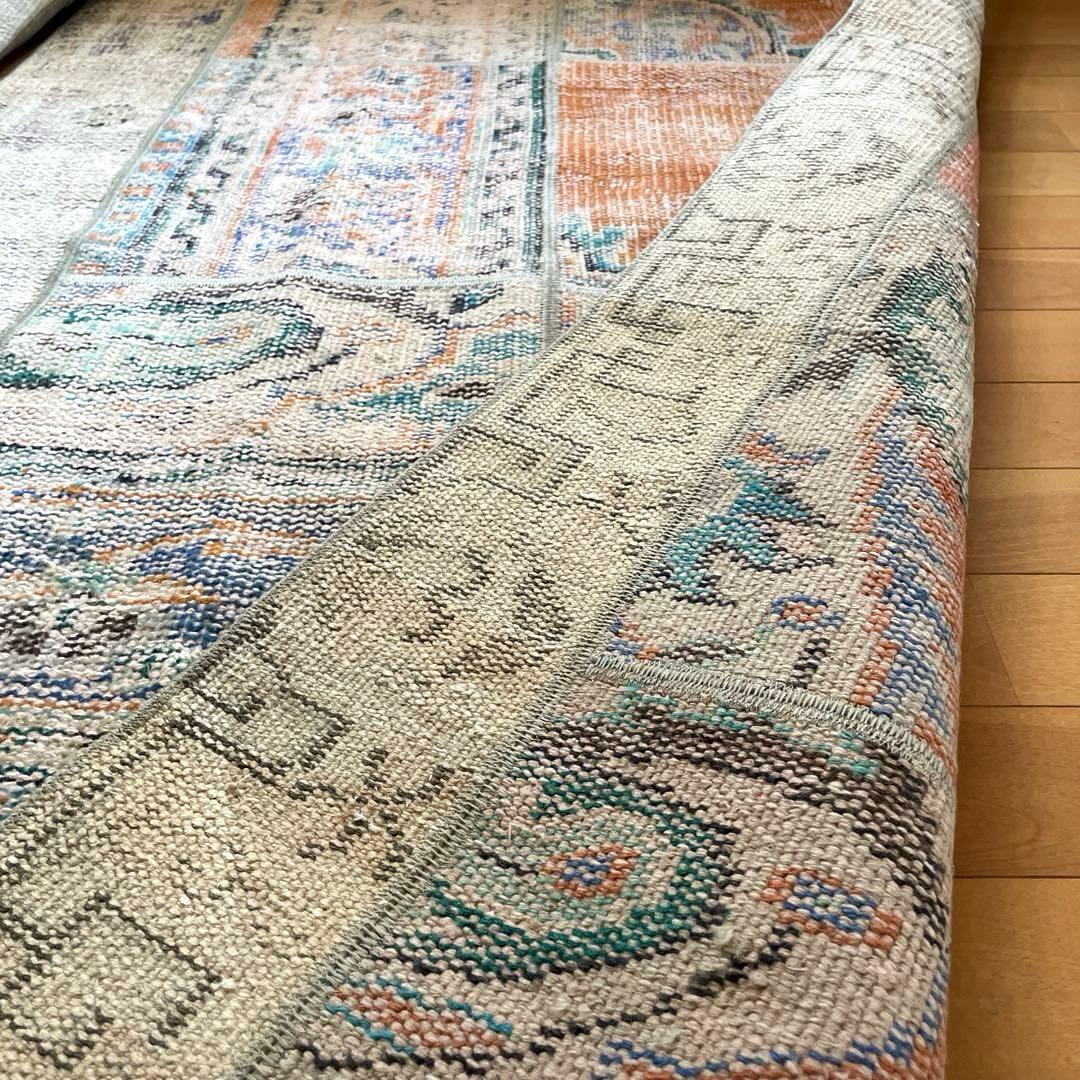 91×191優しいオレンジカラー　パッチワーク　トルコヴィンテージラグ