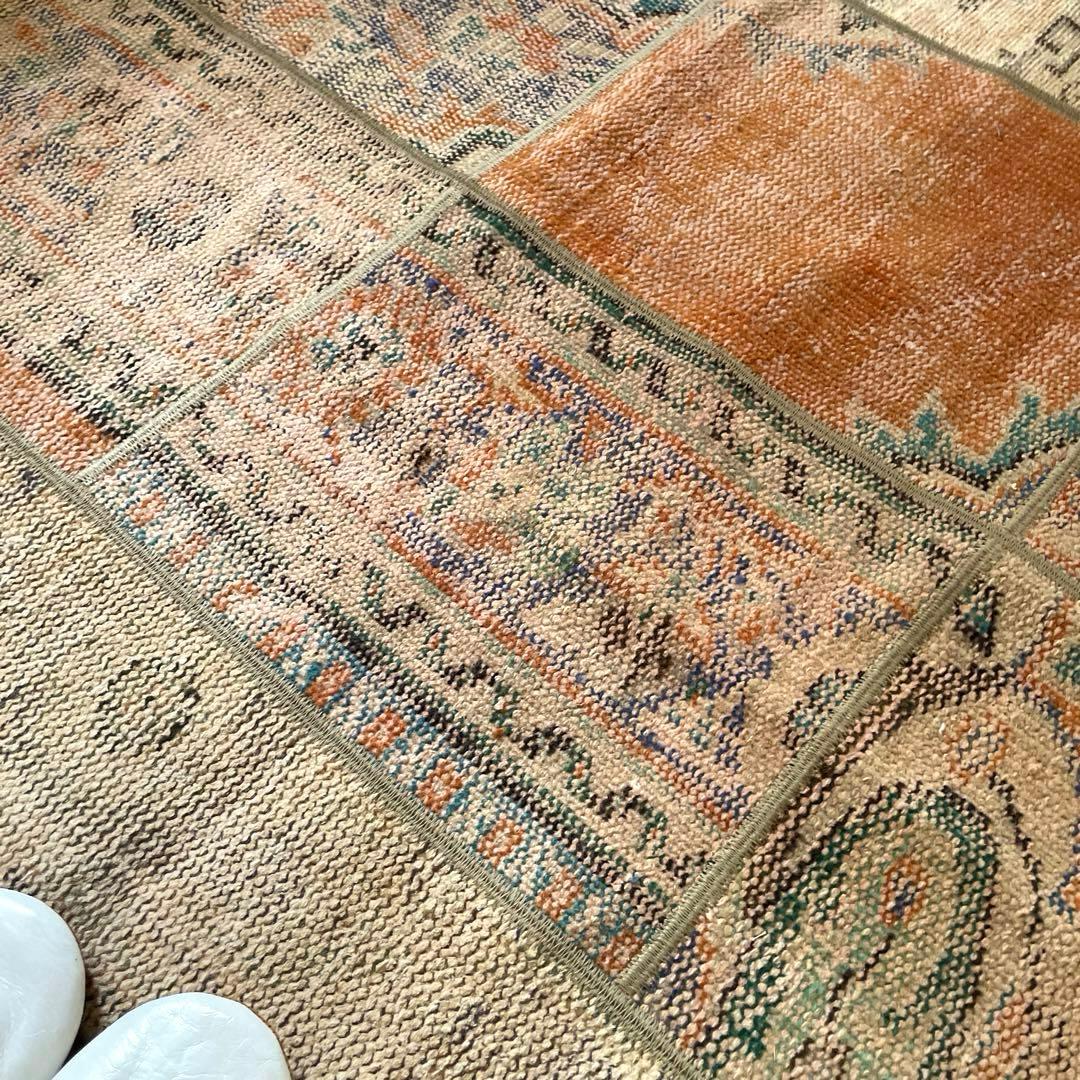 91×191優しいオレンジカラー　パッチワーク　トルコヴィンテージラグ