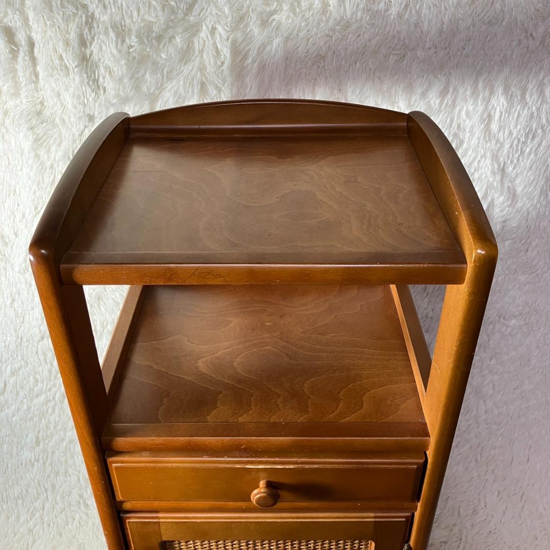 美品 オールドカリモク KARIMOKU 電話台 棚 フリーラック ラタン 籐